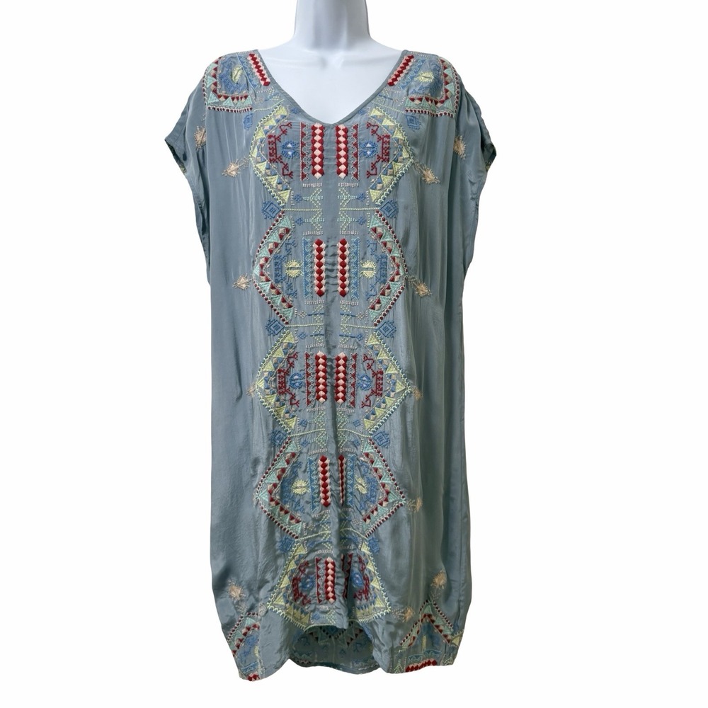Sundance Womens Embroidered Viscose Shift Mini Dress Size L Blue Bohemian Boho